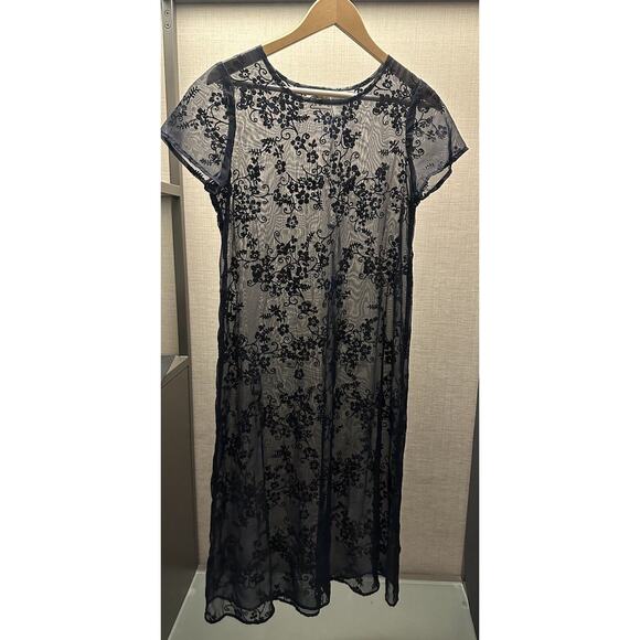 Vintage Dress Navy Black Shimmer floral Sheer Midi Size 14 1/2 Whimsy Fairy Goth - Picture 1 of 8